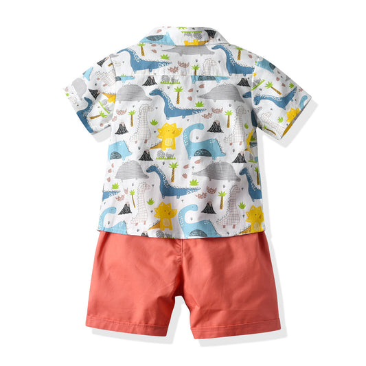 2 Pieces Set Baby Kid Boys Beach Dinosaur Cartoon Print T-Shirts And Solid Color Shorts