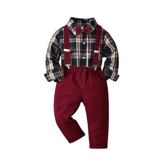 2 Pieces Set Baby Kid Boys Birthday Party Checked Bow Shirts And Solid Color Jumpsuits