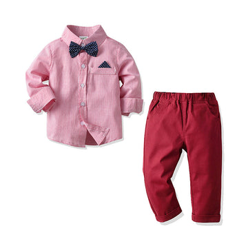 2 Pieces Set Baby Kid Boys Dressy Striped Bow Shirts And Solid Color Pants