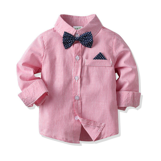 2 Pieces Set Baby Kid Boys Dressy Striped Bow Shirts And Solid Color Pants