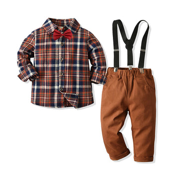 2 Pieces Set Baby Kid Boys Checked Shirts Solid Color And Bow Jumpsuits Others accessories