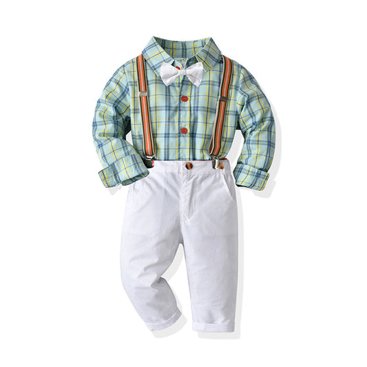 2 Pieces Set Baby Kid Boys Birthday Party Color-blocking Checked Shirts And Solid Color Jumpsuits Others accessories