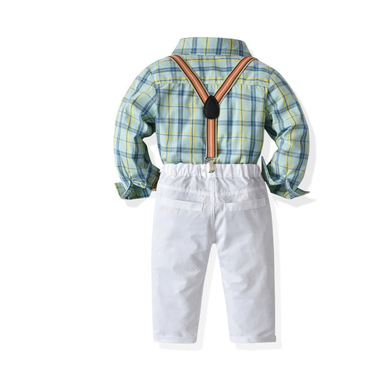 2 Pieces Set Baby Kid Boys Birthday Party Color-blocking Checked Shirts And Solid Color Jumpsuits Others accessories