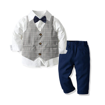 3 Pieces Set Baby Kid Boys Birthday Party Solid Color Shirts Pants Suits And Checked Vests Waistcoats Others accessories