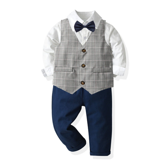 3 Pieces Set Baby Kid Boys Birthday Party Solid Color Shirts Pants Suits And Checked Vests Waistcoats Others accessories