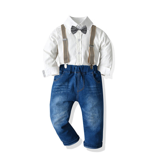 2 Pieces Set Baby Kid Boys Solid Color Shirts Striped Checked And Bow Suits Jumpsuits Others accessories