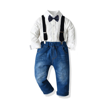 2 Pieces Set Baby Kid Boys Solid Color Shirts Striped Checked And Bow Suits Jumpsuits Others accessories