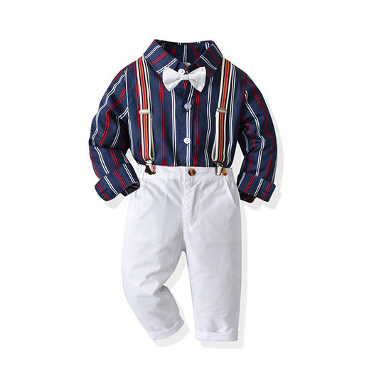 2 Pieces Set Baby Kid Boys Birthday Party Striped Shirts And Solid Color Jumpsuits Others accessories