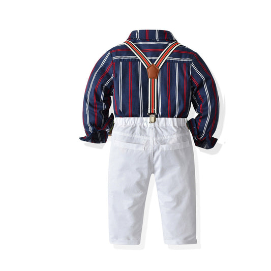 2 Pieces Set Baby Kid Boys Birthday Party Striped Shirts And Solid Color Jumpsuits Others accessories