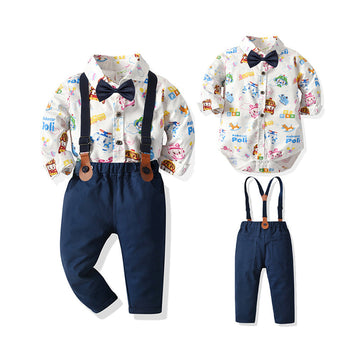 2 Pieces Set Baby Boys Birthday Party Letters Car Cartoon Cloud Print Rompers And Solid Color Jumpsuits Others accessories