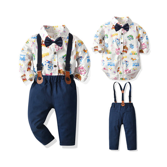 2 Pieces Set Baby Boys Birthday Party Letters Car Cartoon Cloud Print Rompers And Solid Color Jumpsuits Others accessories