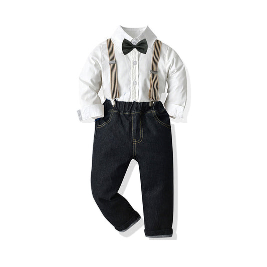 2 Pieces Set Baby Kid Boys Birthday Party Solid Color Bow Shirts Others accessories And Striped Suits Jumpsuits