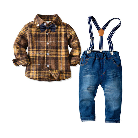 2 Pieces Set Baby Kid Boys Birthday Party Color-blocking Checked Suits Shirts And Jumpsuits Others accessories