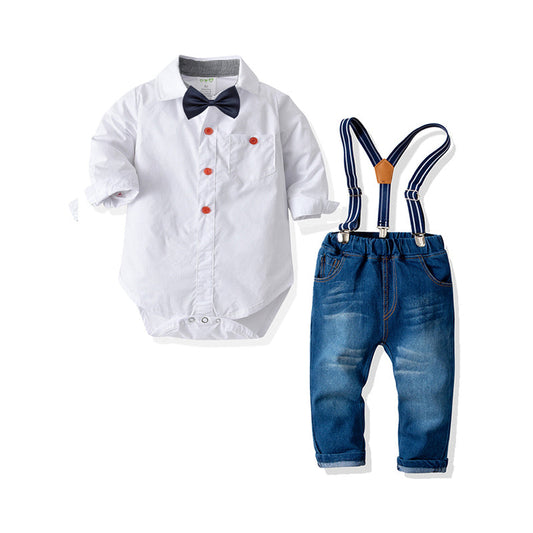 Fashion 2 Pieces Set Baby Boys Dressy Birthday Party Solid Color Striped Polka dots Checked Bow Rompers And Jeans