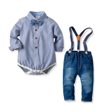 Fashion 2 Pieces Set Baby Boys Dressy Birthday Party Solid Color Striped Polka dots Checked Bow Rompers And Jeans