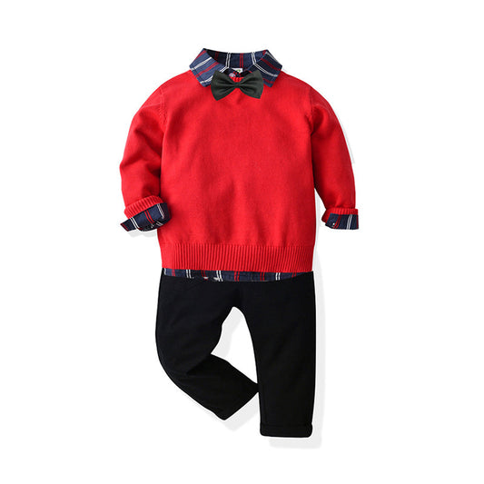 Cute 3 Pieces Set Baby Kid Boys Striped Bow Shirts Solid Color Pants And Crochet Sweaters