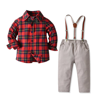 2 Pieces Set Baby Kid Boys Dressy Checked Bow Shirts And Solid Color Jumpsuits