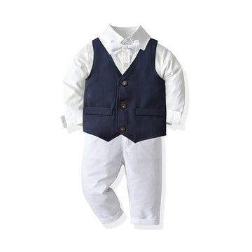 3 Pieces Set Baby Kid Boys Dressy Solid Color Vests Waistcoats Bow Shirts And Suits Trousers