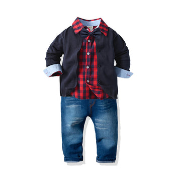 3 Pieces Set Baby Kid Boys Solid Color Jeans Cardigan And Checked Bow Shirts