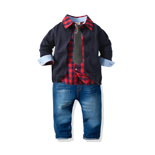 3 Pieces Set Baby Kid Boys Solid Color Jeans Cardigan And Checked Bow Shirts