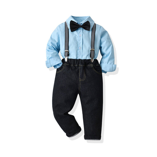 2 Pieces Set Kid Boys Solid Color Bow Shirts And Jeans