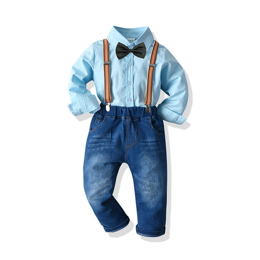 2 Pieces Set Kid Boys Solid Color Bow Shirts And Jeans