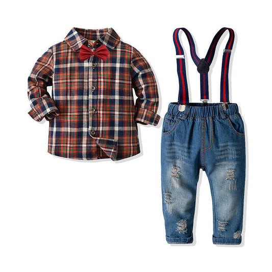 2 Pieces Set Kid Boys Checked Bow Shirts And Ripped Jeans