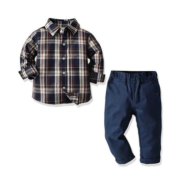 2 Pieces Set Baby Kid Boys Checked Shirts And Solid Color Pants