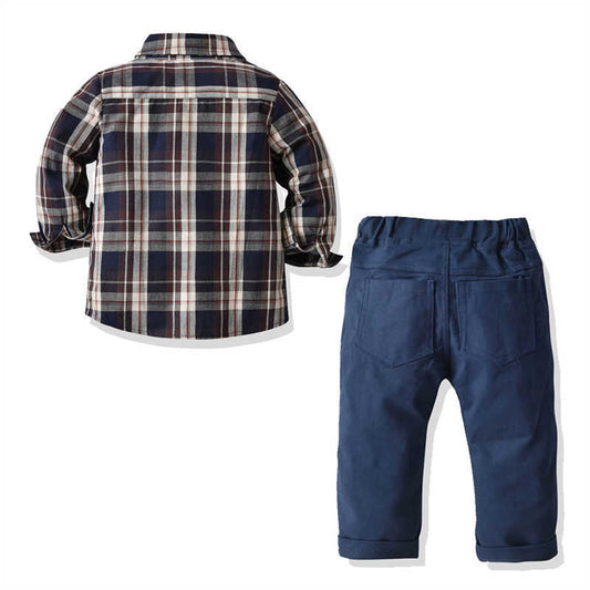 2 Pieces Set Baby Kid Boys Checked Shirts And Solid Color Pants