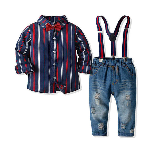 2 Pieces Set Kid Boys Bow Striped Shirts And Solid Color Ripped Jeans