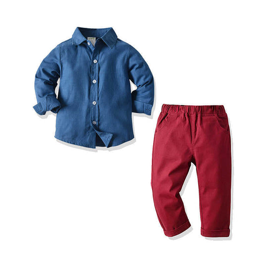 2 Pieces Set Kid Boys Solid Color Pants And Shirts