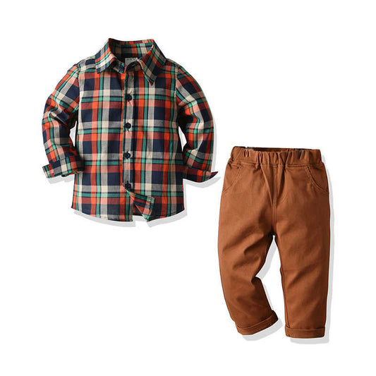 2 Pieces Set Kid Boys Checked Print Shirts And Solid Color Pants