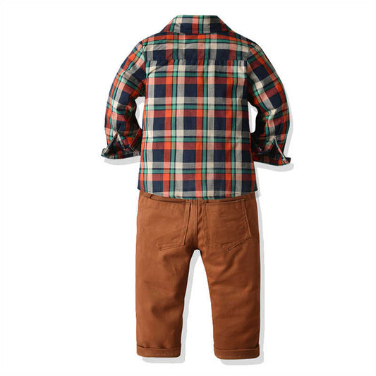 2 Pieces Set Kid Boys Checked Print Shirts And Solid Color Pants