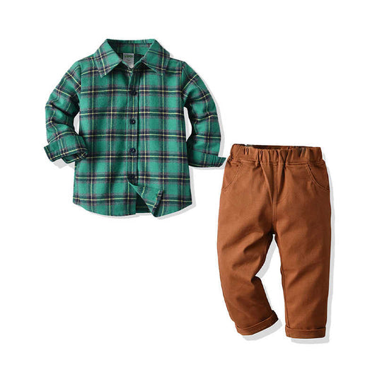 2 Pieces Set Baby Kid Boys Solid Color Pants And Print Checked Shirts