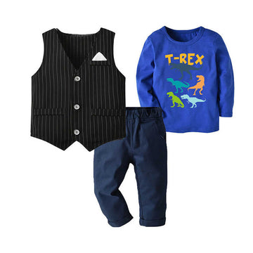 3 Pieces Set Baby Kid Boys Letters Dinosaur Print Tops Striped Vests Waistcoats And Pants