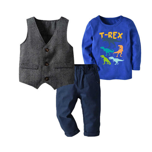 3 Pieces Set Baby Kid Boys Letters Dinosaur Print Tops Striped Vests Waistcoats And Pants