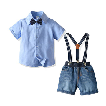 2 Pieces Set Baby Kid Boys Birthday Party Solid Color Bow Shirts And Striped Rompers