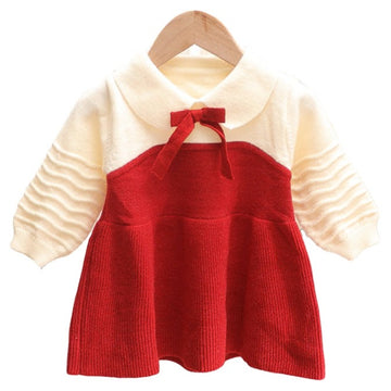 Baby Kid Girls Color-blocking Bow Crochet Dresses Sweaters