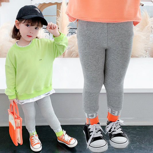 Baby Kid Girls Solid Color Letters Muslin&Ribbed Pants Leggings