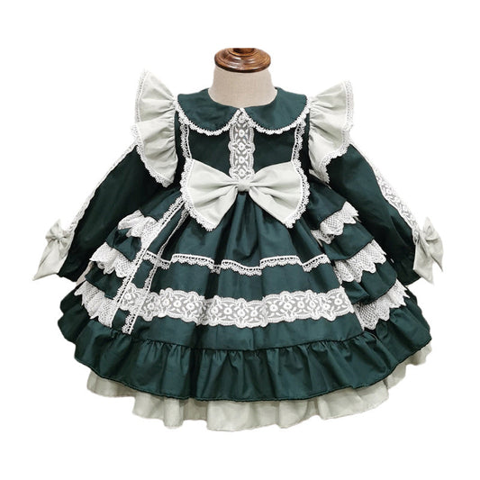 Baby Kid Girls Solid Color Bow Lace Dresses Princess Dresses