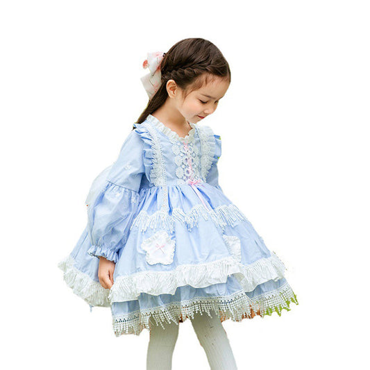 Kid Girls Solid Color Bow Lace Dressy Dresses Princess Dresses