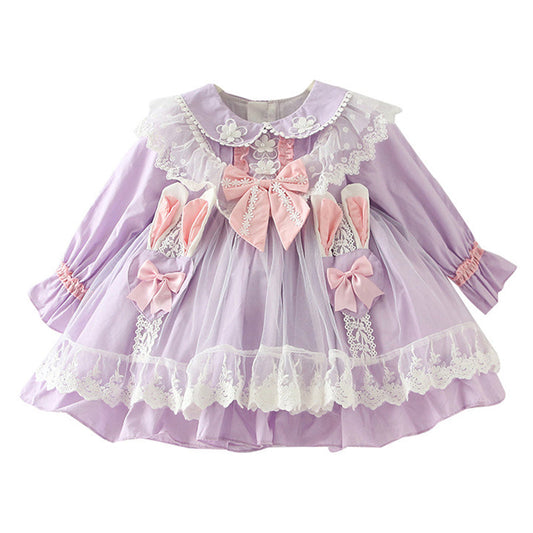 Kid Girls Solid Color Bow Lace Dressy Dresses Princess Dresses