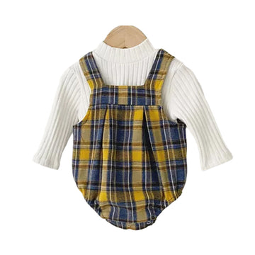 Baby Kid Girls Boys Solid Color Muslin&Ribbed Tops And Checked Rompers And Jumpsuits