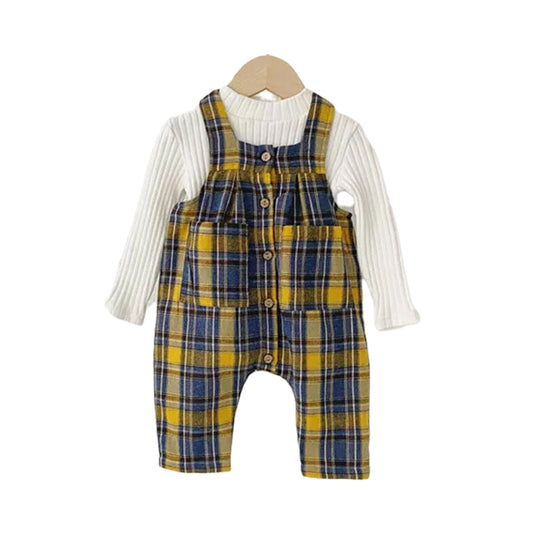 Baby Kid Girls Boys Solid Color Muslin&Ribbed Tops And Checked Rompers And Jumpsuits