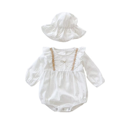 Baby Girls Solid Color Bow Rompers And Accessories Hats