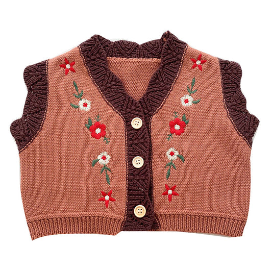 Baby Girls Solid Color Embroidered Vests Waistcoats Cardigan