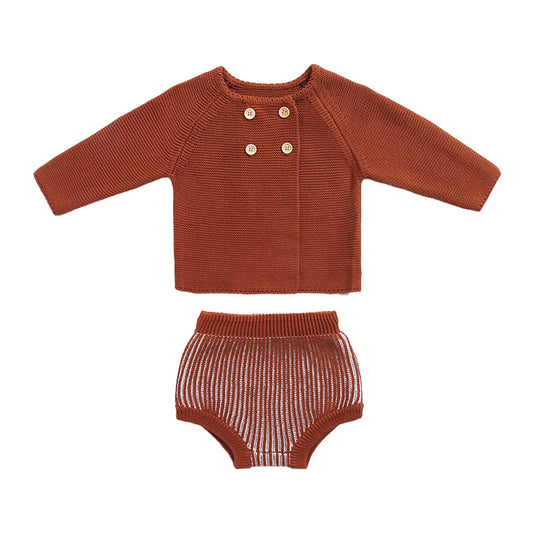 2 Pieces Set Baby Girls Solid Color Crochet Cardigan And Shorts