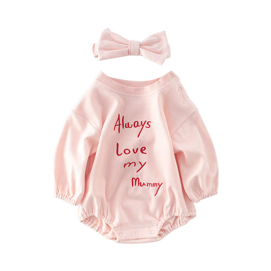 Baby Girls Letters Embroidered Rompers And Bow Headwear