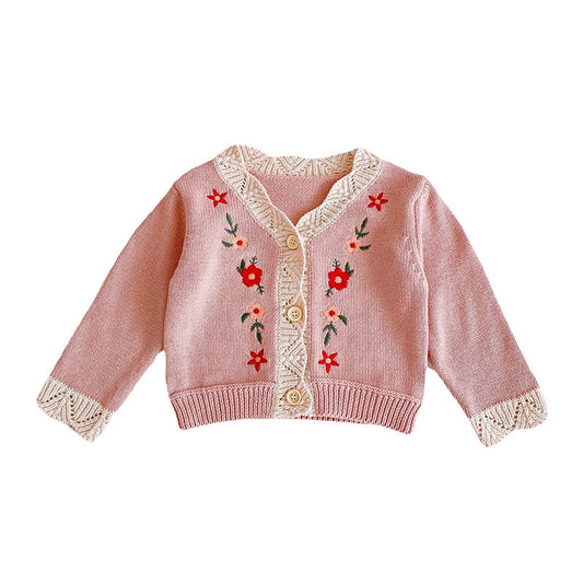 Baby Kid Girls Flower Crochet Embroidered Knitwear Cardigan