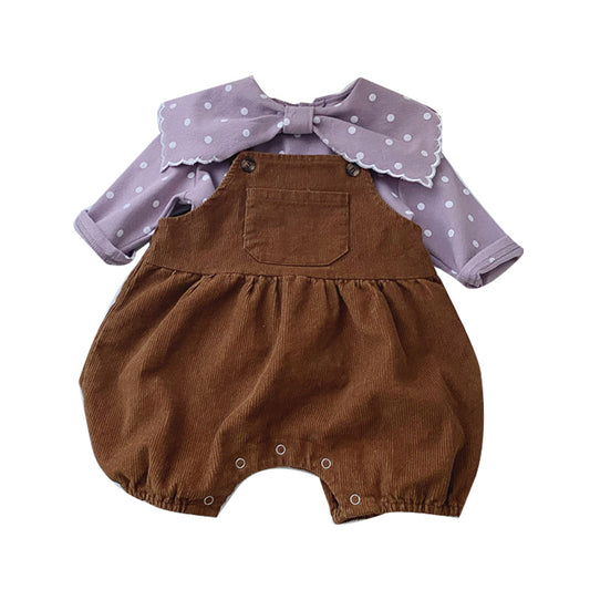 Baby Kid Girls  Polka dots Bow Tops And Solid Color Rompers